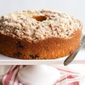 Brown Butter-Bourbon-Cherry Coffee Cake with Pecan Streusel